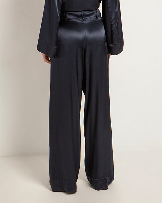 Silk Satin Pleat Front Wide Pant