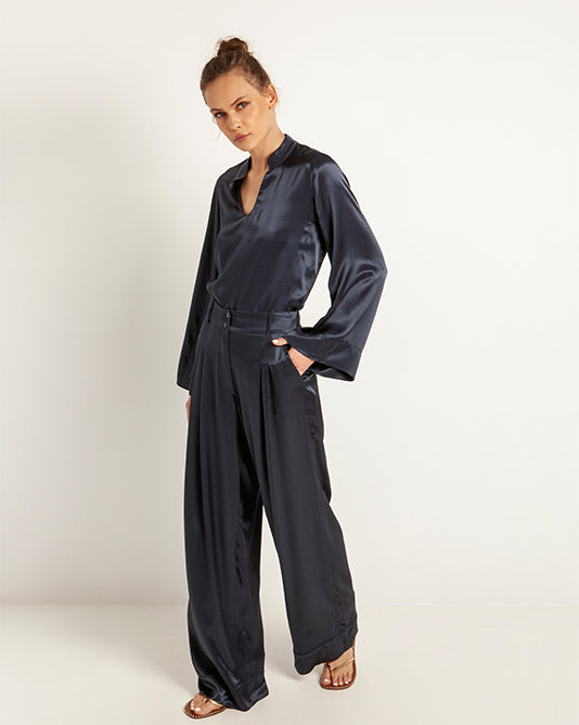 Silk Satin Pleat Front Wide Pant