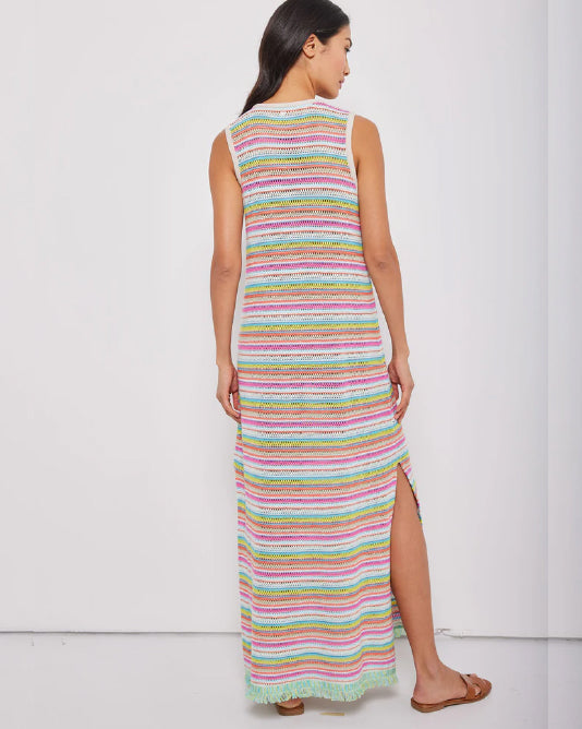 Lace V Neck Bright Multi Stripe Cotton Knit Dress