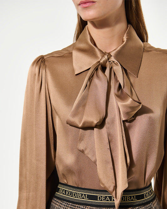 KIKKI Silk Scarf Tie Neck Blouse in Russet