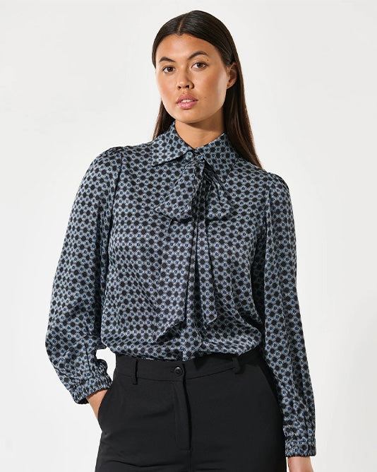 Kikki Silk Scarf Tie Neck Blouse in Massao Blue