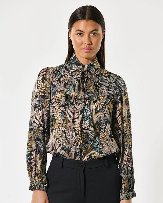 Kikki Silk Scarf Tie Neck Blouse Sencha Black