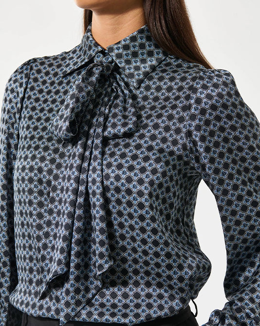 Kikki Silk Scarf Tie Neck Blouse in Massao Blue