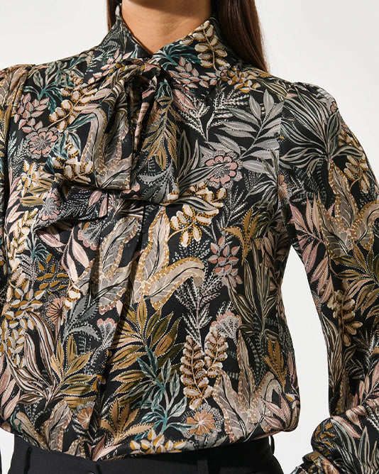 Kikki Silk Scarf Tie Neck Blouse Sencha Black