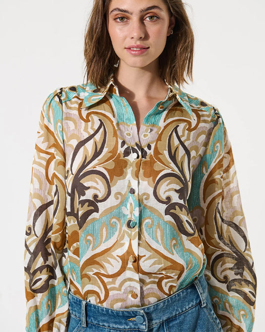 Floral & Vine Print Linen Blouse