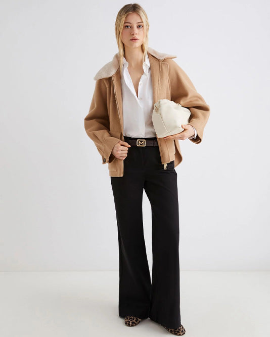 Short Wool Jacket with Pockets and Fur Collar
