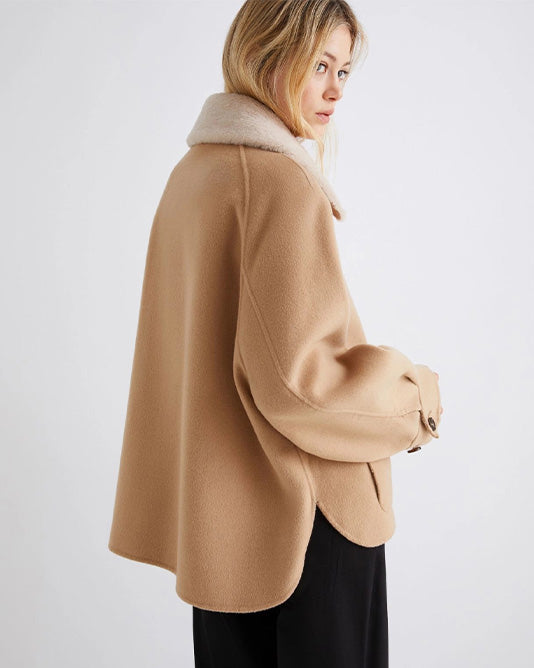 Short Wool Jacket with Pockets and Fur Collar