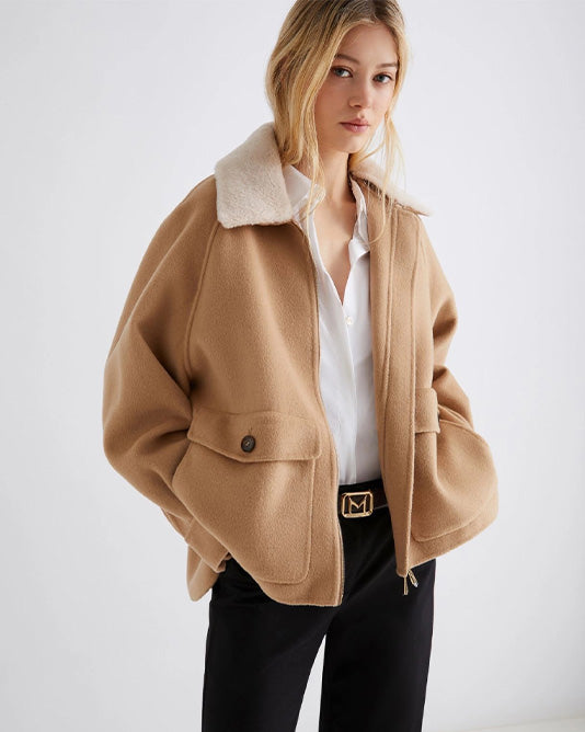 Short Wool Jacket with Pockets and Fur Collar