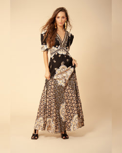 Long Print Dress with Puff Sleeve and Under Bust Seam