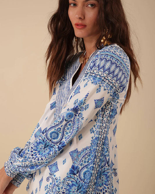 EMBROIDERED JERSEY PRINT TOP BLUE