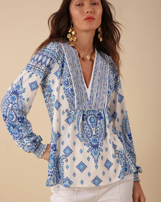 EMBROIDERED JERSEY PRINT TOP BLUE