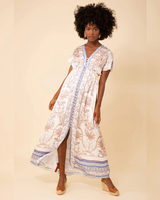 Long Printed Ivory & Blue Buttoned Dress