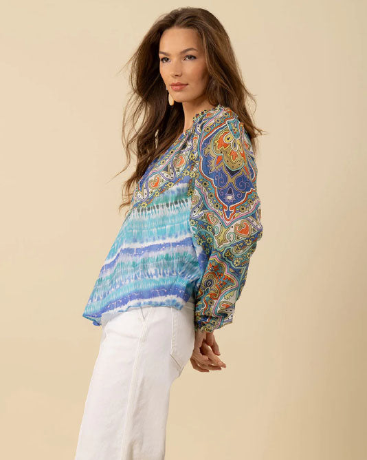 LAST ONE TEAL PRINT BEADED BLOUSE