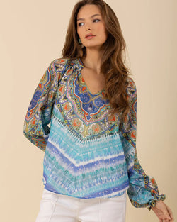 LAST ONE TEAL PRINT BEADED BLOUSE