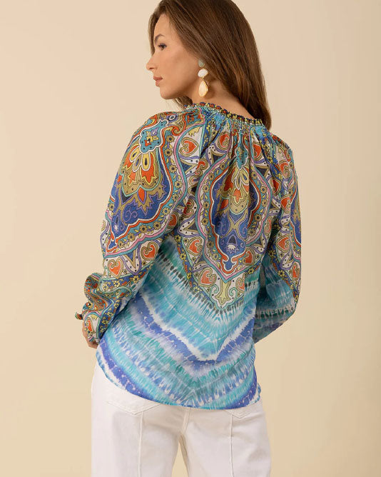 LAST ONE TEAL PRINT BEADED BLOUSE