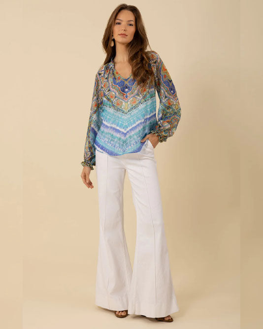 LAST ONE TEAL PRINT BEADED BLOUSE