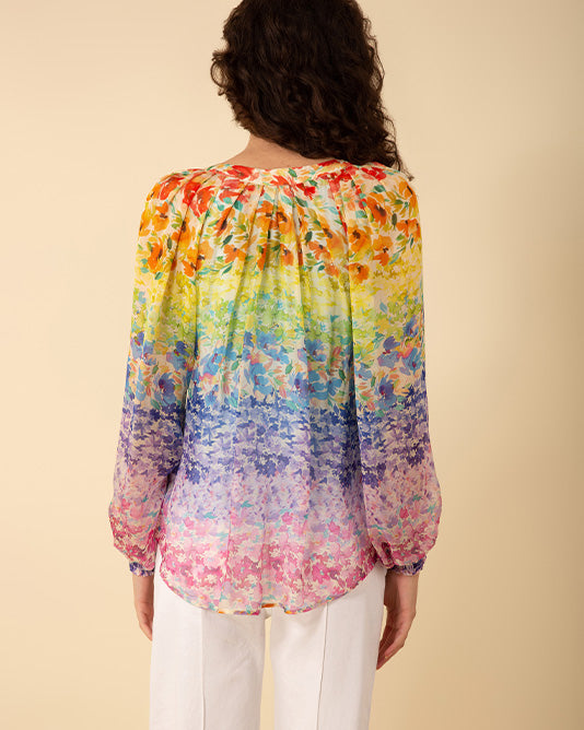 Silk Rainbow Floral Print Blouse