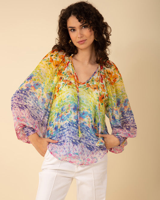 Silk Rainbow Floral Print Blouse