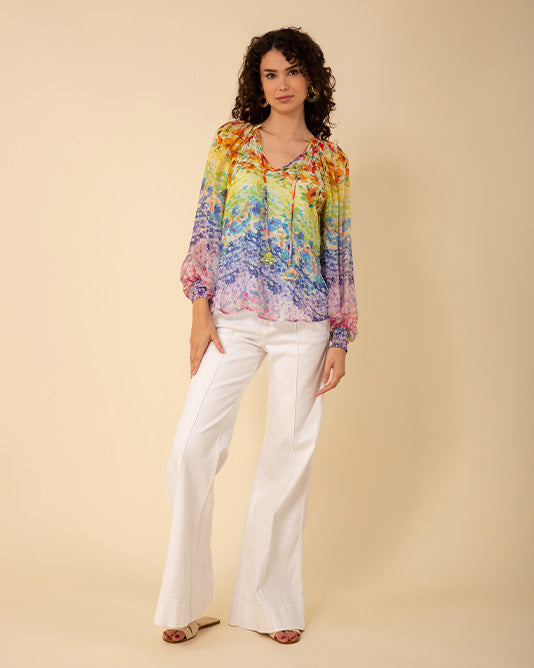 Silk Rainbow Floral Print Blouse