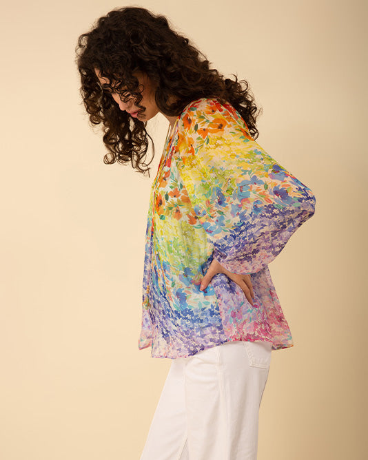 Silk Rainbow Floral Print Blouse