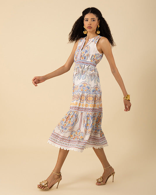 Placement Print Dress With Crochet Edging