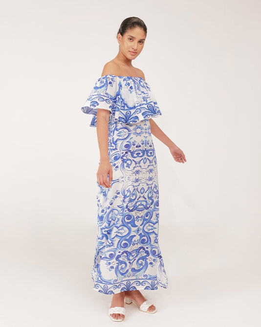 Ladybell Off the Shoulder Frill Silk Maxi Dress