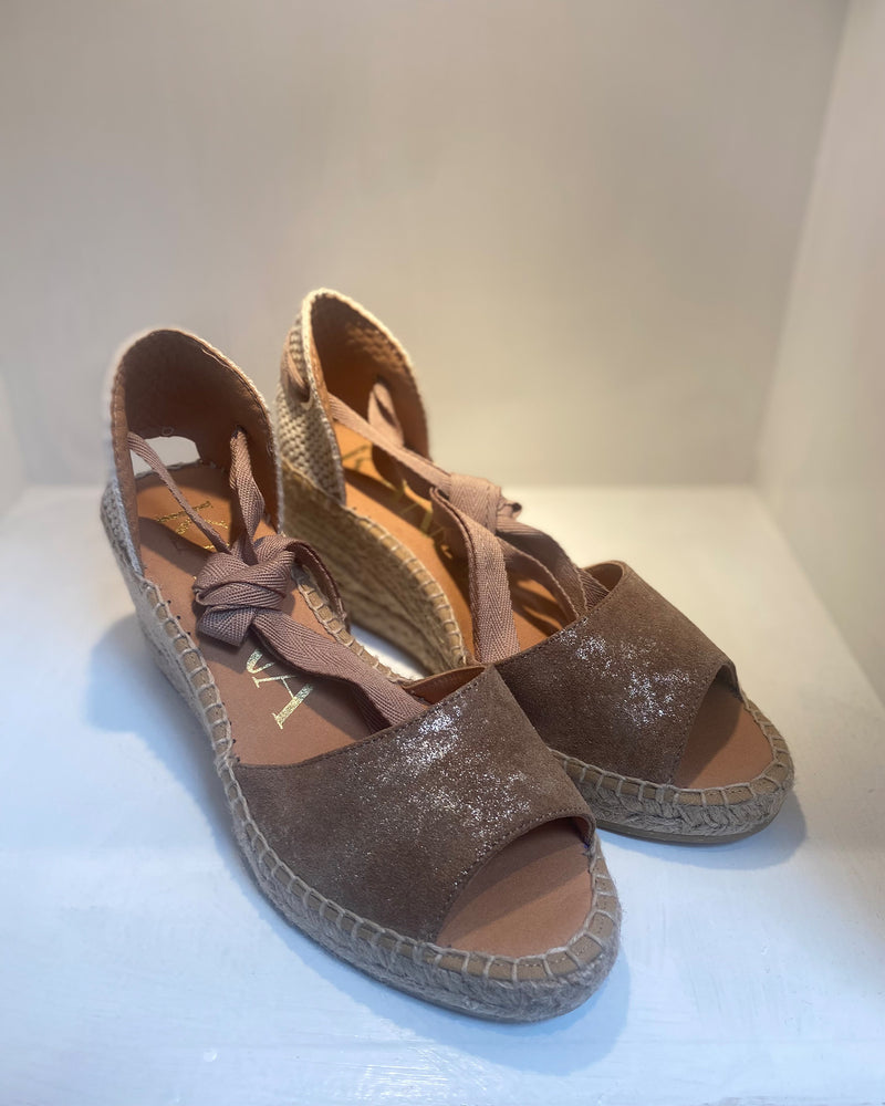 Open Toe Bronze Lace Ankle Espadrille Wedge
