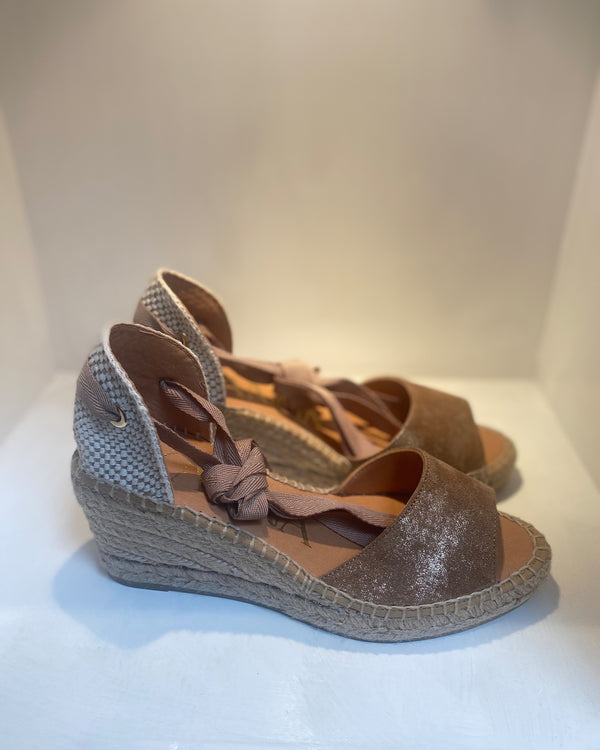 Open Toe Bronze Lace Ankle Espadrille Wedge