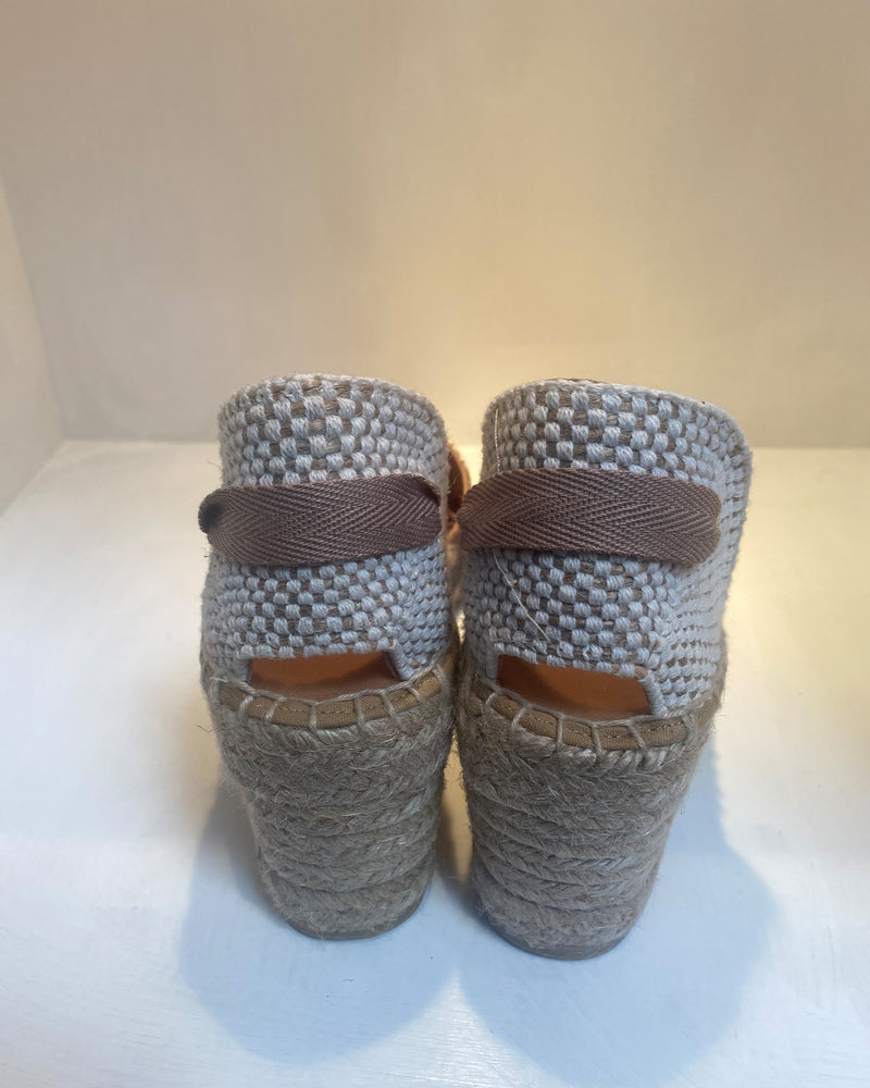 Open Toe Bronze Lace Ankle Espadrille Wedge