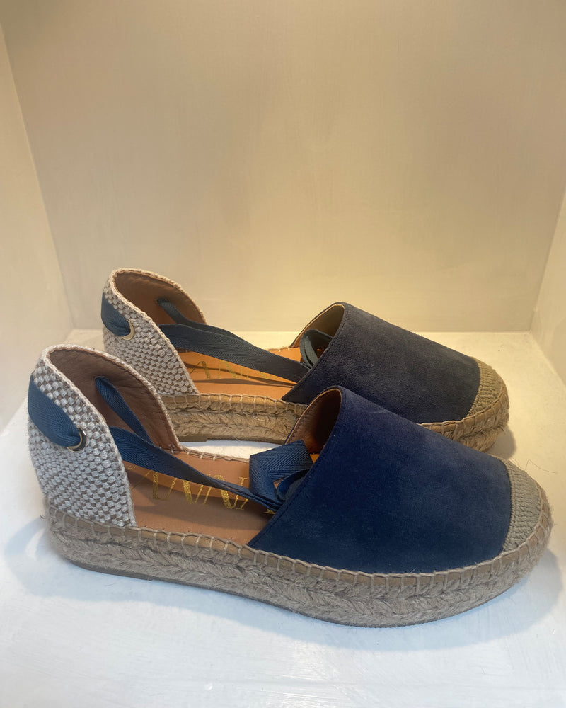 Navy Suede Flatform Espadrille With Ankle Lace Up
