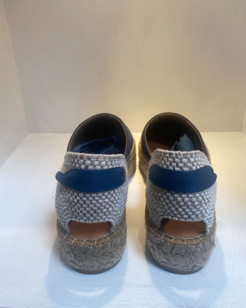 Navy Suede Flatform Espadrille With Ankle Lace Up