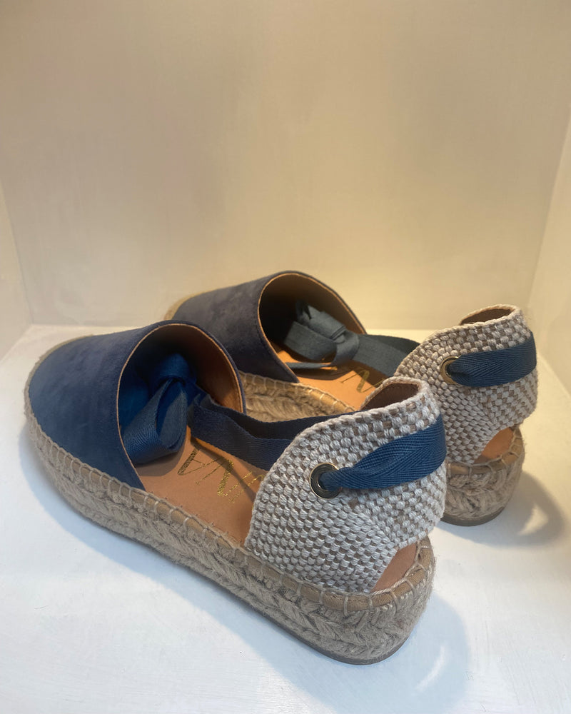 Navy Suede Flatform Espadrille With Ankle Lace Up
