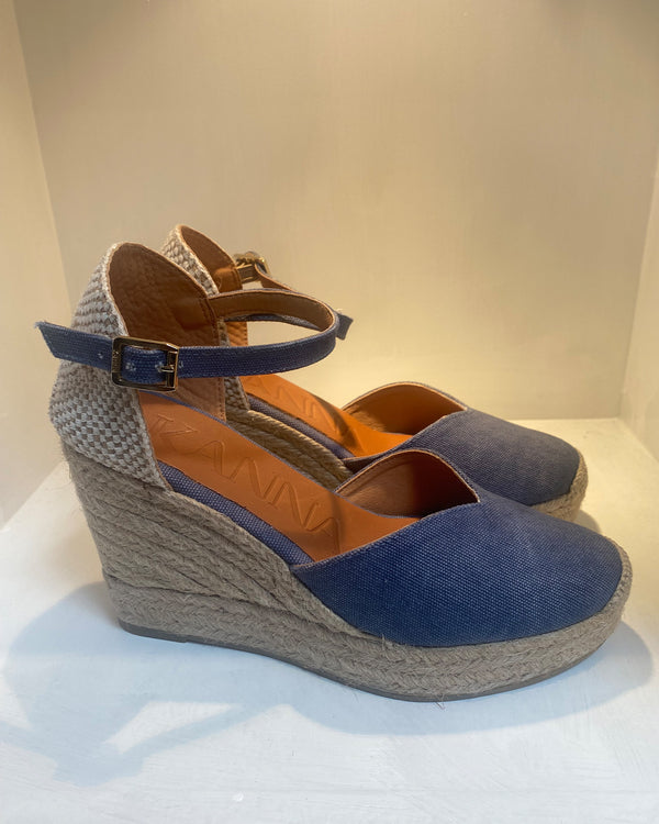 Denim Canvas Espadrille Wedge With Ankle Strap