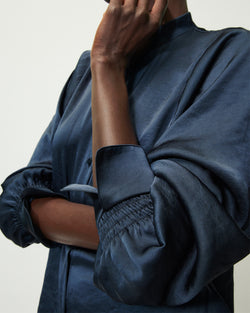 Petrol Blouse grandad collar satin