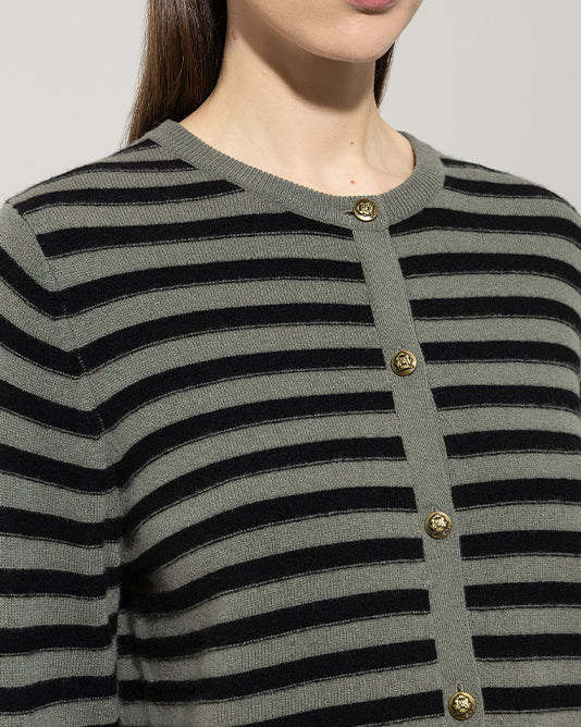 Khaki Striped Cardigan With Gold Buttons