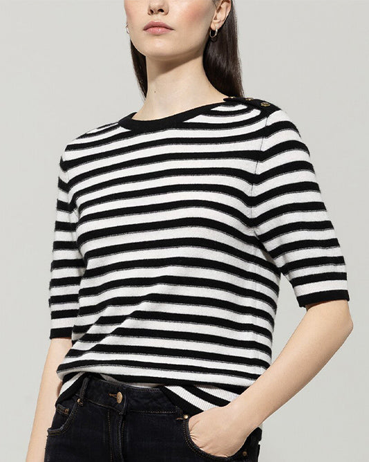 Cashmere Blend Stripe Sweater With Gold Buttons