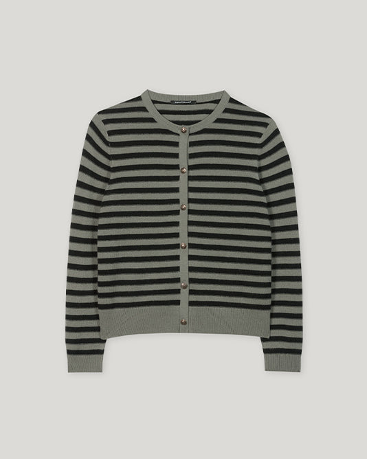 Khaki Striped Cardigan With Gold Buttons