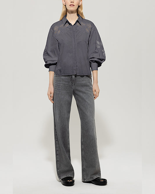 Lace Inlay & Embroidered Shirt in Anthracite