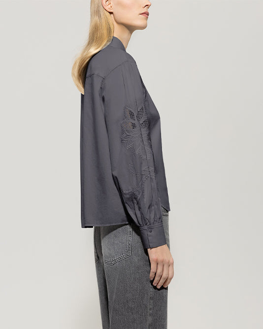 Lace Inlay & Embroidered Shirt in Anthracite
