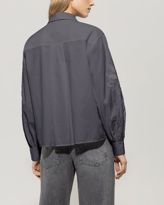 Lace Inlay & Embroidered Shirt in Anthracite