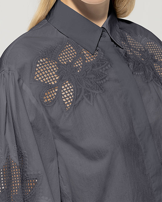 Lace Inlay & Embroidered Shirt in Anthracite