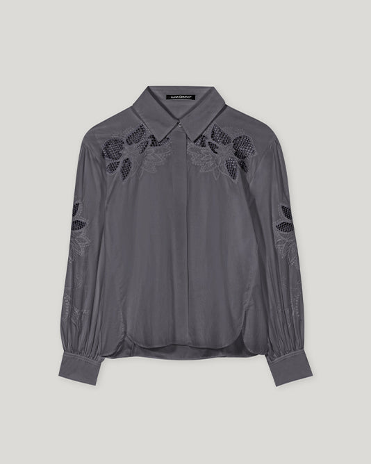 LAST ONE Lace Inlay & Embroidered Shirt in Anthracite