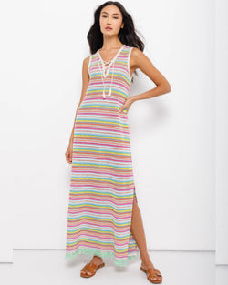 A Lace V Neck Bright Multi Stripe Cotton Knit Dress