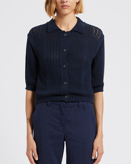 Knitted Navy Cardigan With Collar & Buttons