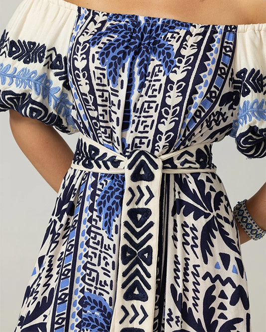 OFF SHOULDER BLUE PALM PRINT DRESS
