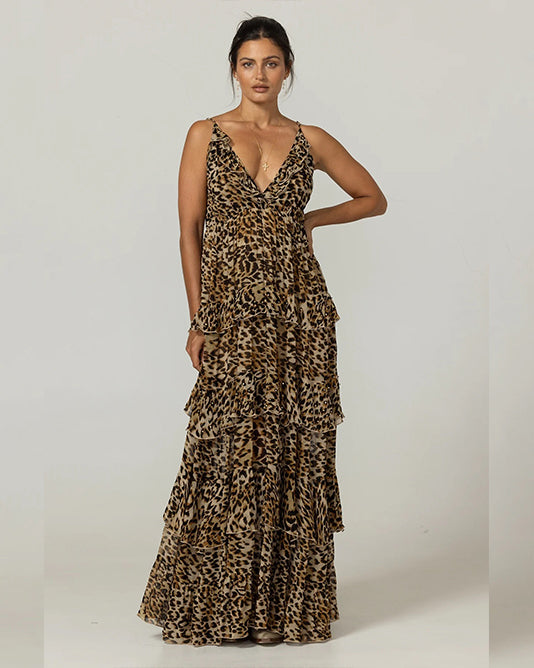 Tiered Flounce Leopard Print Maxi Dress