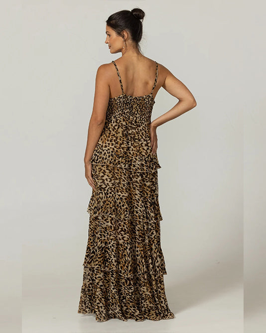 Tiered Flounce Leopard Print Maxi Dress