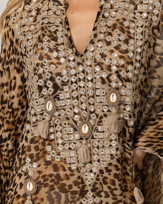 Leopard Print Kaftan With Embroidery