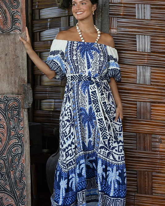 OFF SHOULDER BLUE PALM PRINT DRESS