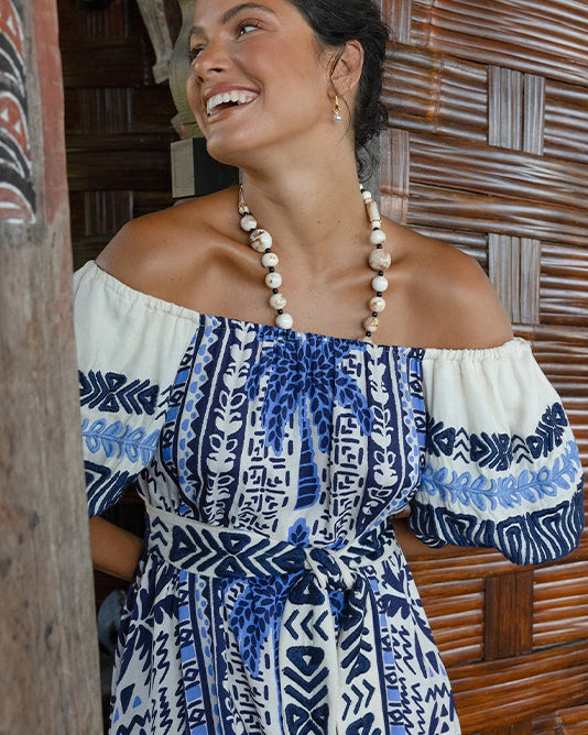 LAST ONE OFF SHOULDER BLUE PALM PRINT DRESS